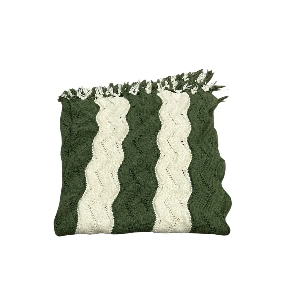 Vintage Handmade Crochet Afghan Blanket Green White 63L 56W Chevron Granny Throw